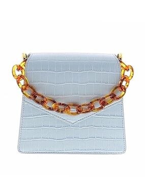 SINBONO ~ Light Baby Blue Croc-Embossed Top-Handle Bag with Tortoiseshell Chain